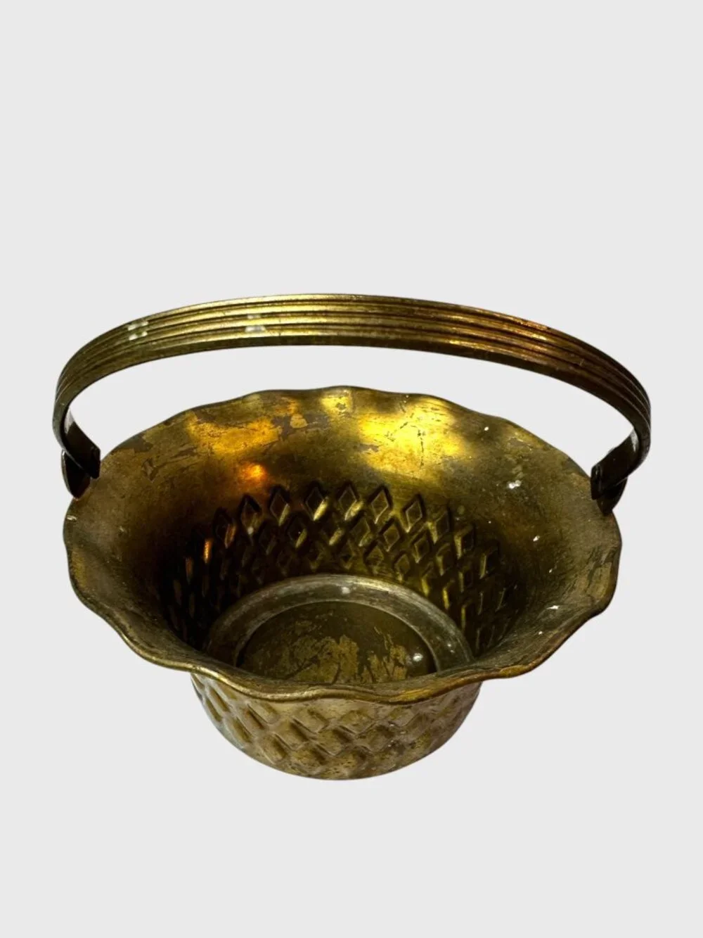 Solid Brass Decorative Basket Set With Handles - Made In India - Vintage Texture
